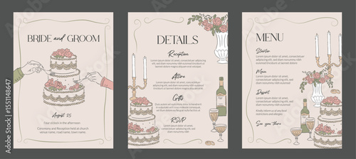 Collection of Wedding occasions event invitation hand drawn style template and background of cake and reception