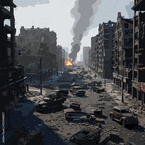 Vector illustration of a destroyed city street after a war attack, with burning cars, damaged buildings, smoke, debris, and ruined urban scenery in a dramatic apocalyptic environment.

