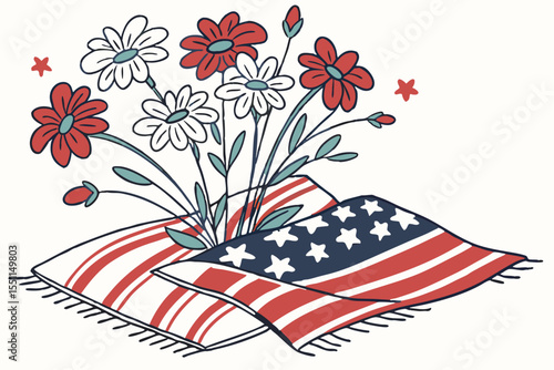 Watercolor 4th of July Independence Day Flowers Cushion and Blanket Decoration Illustration Clipart