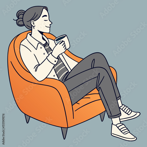 Serene woman relaxing in armchair with beverage, conveying peaceful moments