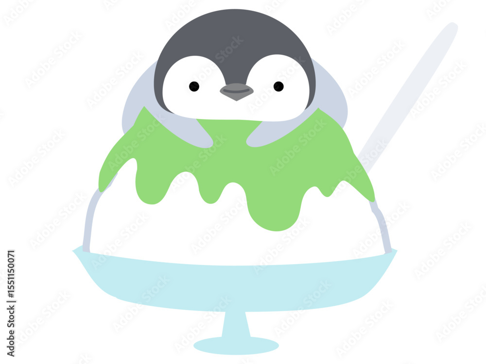 Obraz premium かき氷に乗るペンギン メロン味 シンプル かわいい 動物とデザート (ベクターイラスト)