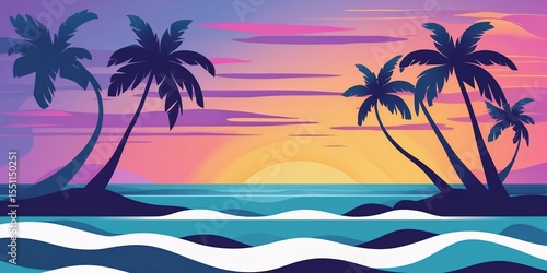 Tropical beach with palm trees. A professional flat vector art graphic depicting a serene wide sea view at sunset  featuring stylized silhouettes of palm trees.