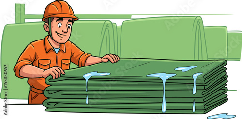 Cartoon worker inspecting a stack of green tarps with water droplets