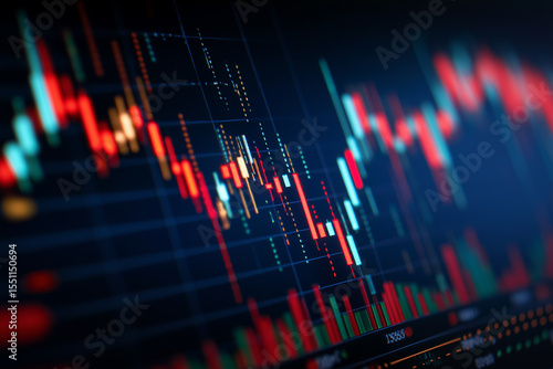 Wallpaper Mural A sharp close-up of a trading screen showing red and green candlesticks of varying heights, highlighting market trends on a dark background with focus on the chart’s top left. Concept. Torontodigital.ca