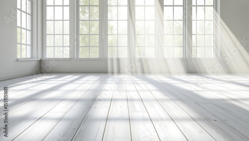 Sunlight streams into a bright  empty room with large windows  casting dramatic shadows on a light-colored wooden floor