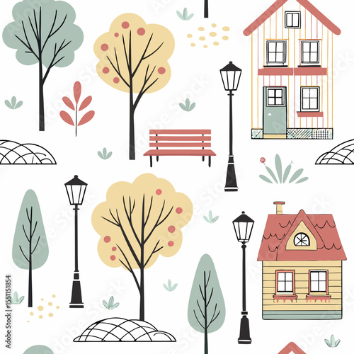 Charming suburban repeat pattern featuring cozy houses and verdant trees