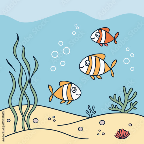 Cartoon depiction of marine life with fishes, seaweed, and a sandy bottom