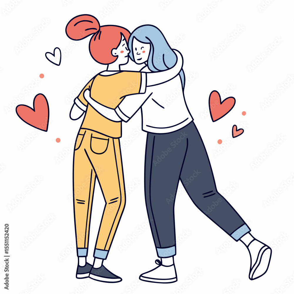 Fototapeta premium Warm embrace of two young women surrounded by floating heart graphics illustration