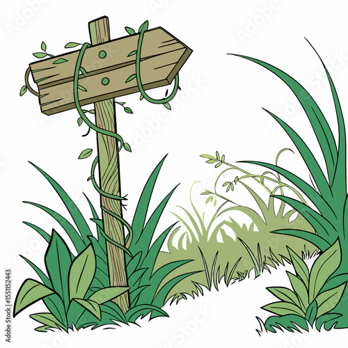 Whimsical directional marker in verdant foliage, illustration for adventure