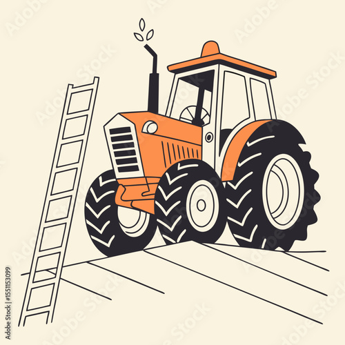 Stylized tractor illustration on cultivated land with ladder for ascent farm work