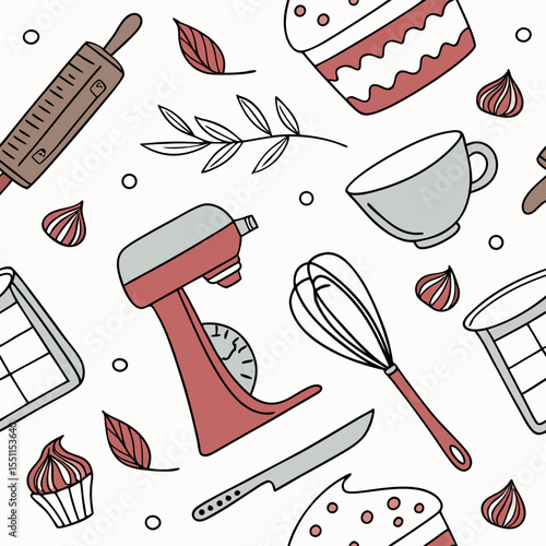 Delightful baking themed pattern with kitchen tools and confectionery elements