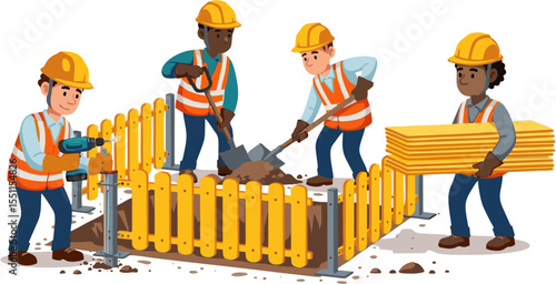 Construction Crew Working Together to Build a Wooden Fence, Illustrated Style
