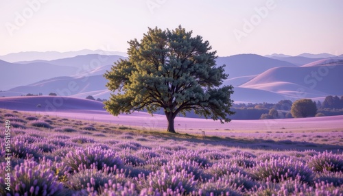 the image captures a scenic view of a field filled with purple flowers in full bloom