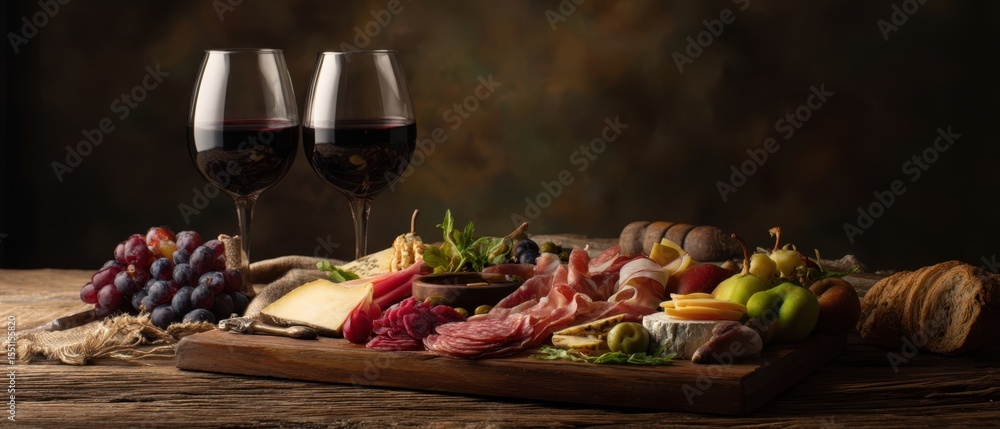 The gourmet charcuterie board with wine in an elegant dining setting. The gourmet charcuterie board with wine in an elegant dining setting.