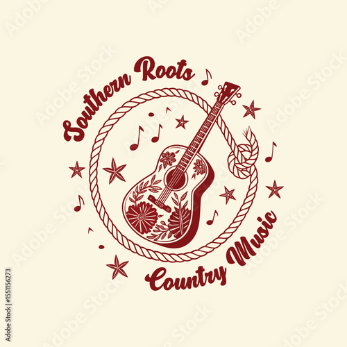 Cowgirl music graphic print design, western country music festival artwork, retro vintage rose design for t shirt, sticker, cowboy song.