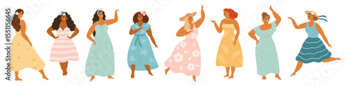 Summer body positive women. International beautiful fat girls in light patterned dresses and sundresses, straw hats, female figures, flowers in hair, garish vector cartoon flat set