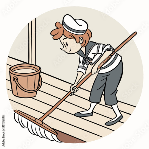 Illustrated young sailor diligently swabbing the deck, nostalgic nautical scene