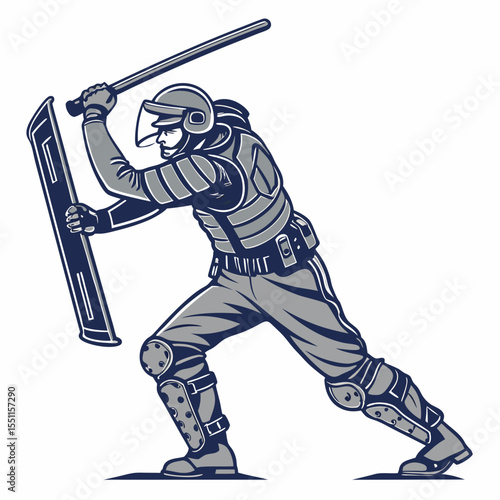 Stylized vector illustration of a riot control officer with baton and shield