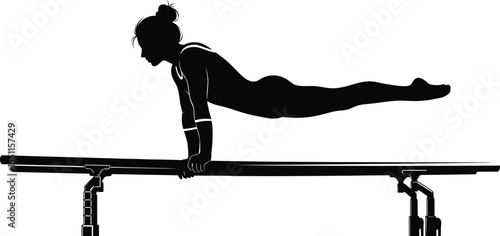 Female gymnast on parallel bars, silhouette balance strength, gymnastic performance vector, athletic pose, artistic movement, sport flexibility, control, body fitness, black illustration