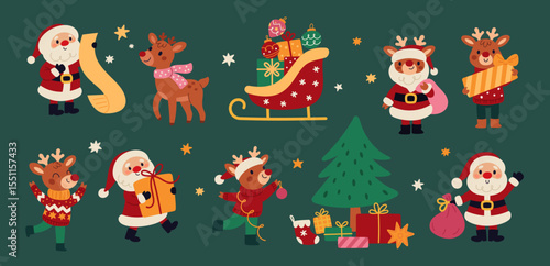 Cartoon santa and deer characters. Funny christmas mascots, cute animals in knitted sweaters, sleigh with new year gifts, winter holidays celebration, garish vector isolated set