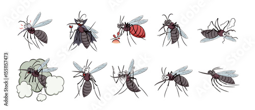Cartoon mosquito character. Funny flying blood sucking insect, bloodsucker different poses and actions, annoying parasitic gnat, repellent symbol, malaria dengue tidy vector isolated set
