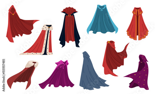 Cartoon magic cloaks. Fairytale and superhero capes, king medieval mantles, dracula costume, wizard or witch cloth, luxury robe, isolated masquerade and carnival cloth, nowaday vector set