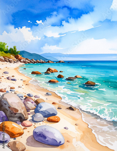 Watercolor painting of beautiful beach landscape with stones on sea shore. Travel and adventure.