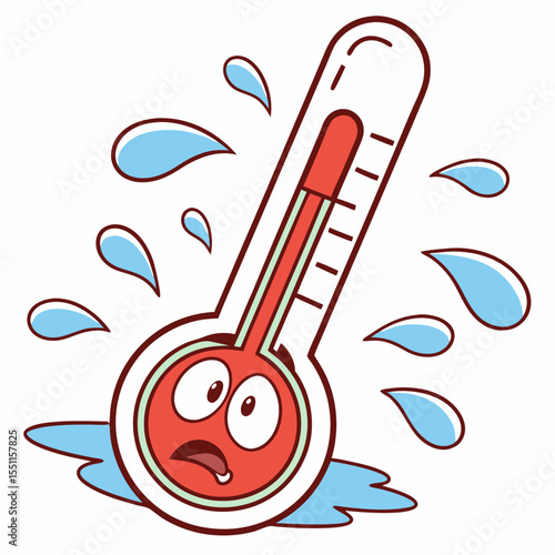 Cartoon thermometer character expressing extreme heat with worried expression