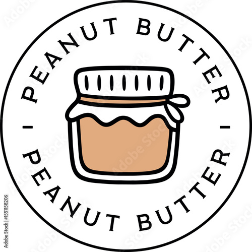 Peanut butter jar packaging round circular frame logo badge sticker label tag nuts flavor. Retro vintage cottagecore natural organic aesthetic cute minimal illustration text design isolated clipart.