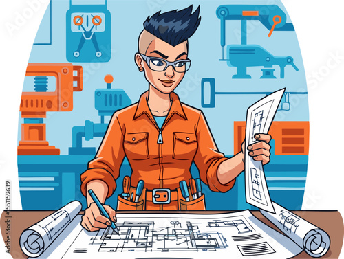 Female Engineer Reviewing Architectural Blueprints in Workshop