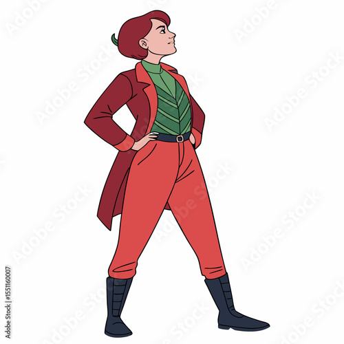 Confident redhead in retro attire strikes a power pose with ambition