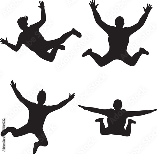 Black skydiving silhouettes set for adventure art, vector skydiving designs, and extreme sports illustrations