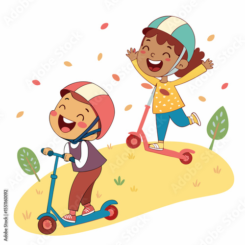 Cartoon Children Joyfully Riding Scooters in a Sunny Autumnal Landscape