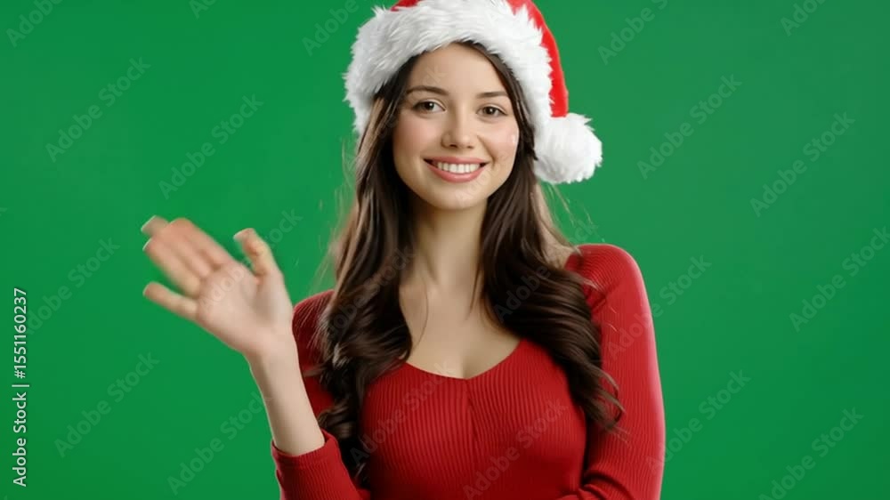 A woman in a Santa hat smiling at the camera and waving her hand. The scene is set against a solid green background. A woman in a Santa hat smiling at the camera and waving her hand. The scene is set against a solid green background.