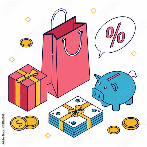 Isometric Illustration of Shopping, Savings, and Discount Promotion Concept
