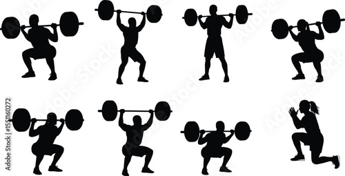 Silhouettes of men and women lifting barbells and squatting, strength training, fitness workout, gym exercise poses, black vector illustration for bodybuilding concept