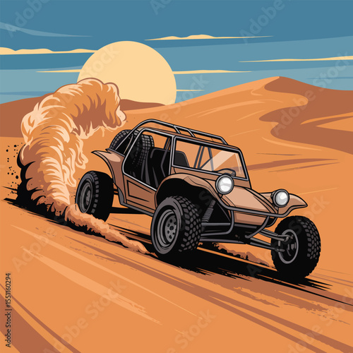 Tan Dune Buggy Speeding Across Desert Sand Dunes Under a Large Yellow Sun Leaving a Brown Sand Cloud in its Wake