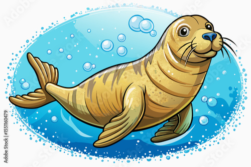 Sea Lion Swimming Underwater with Bubbles Trail on white isolated background vector perfect for ocean life themes and designs