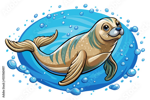 Sea Lion Swimming Underwater with Bubbles Trail on white isolated background vector perfect for ocean life themes and designs