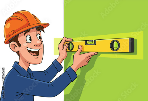 Happy Construction Worker Checking Level on a Green Wall