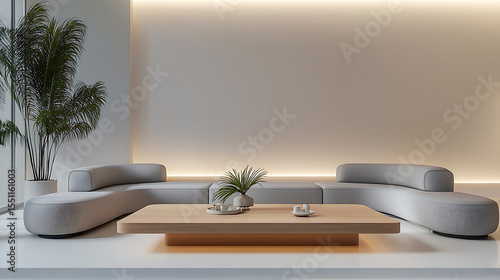 A modern living room with a curved sofa, coffee table, and potted plant décor