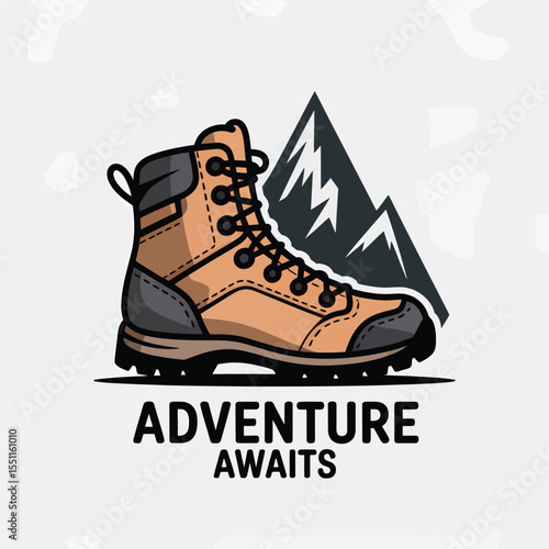 Tan Hiking Boot with Black Accents and Mountain Peak Graphic Adventure Awaits Text Illustration tan boot