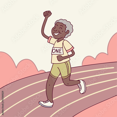 Cartoon illustration of a senior athlete celebrating victory on a running track