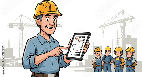 Smiling construction foreman showing building plans on a tablet to his crew