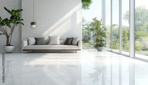 Modern minimalist living room with large windows overlooking a lush garden