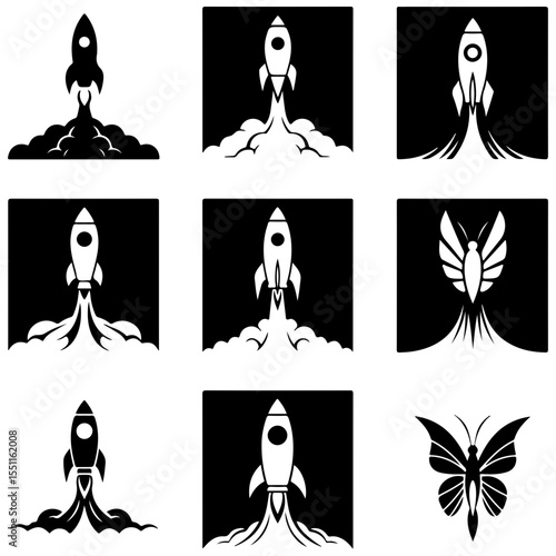 Rocket silhouettes of engineering drafts, highlighting the structural design with unique structure