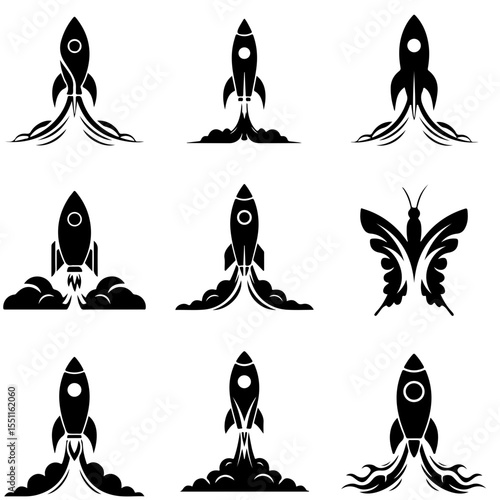 Stylish vector set includes troop transport ships, assault craft, and powerful flagship silhouettes