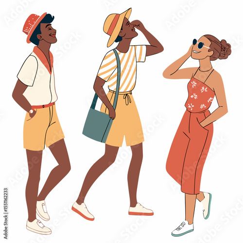 Diverse Group Enjoys Sunny Day: Stylish Vacation Outfits and Carefree Moments