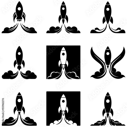 A vector set illustrating the immense kinetic thrust of a rocket achieving escape velocity