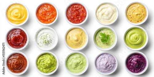 Fifteen small bowls of vibrant, colorful sauces and dips arranged in a grid against a white background